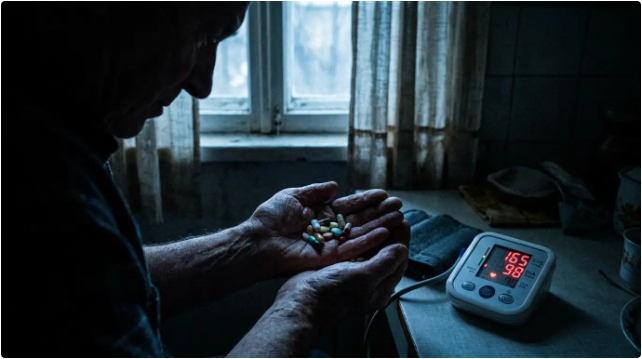 Pills scattered next to a blood pressure monitor